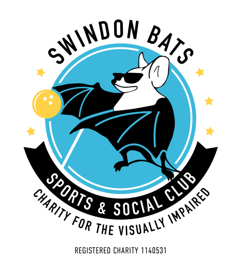 Swindon Bats logo depicting a cartoon bat holding a long white cane in one wing and a bowling ball in the other wearing dark black glasses.